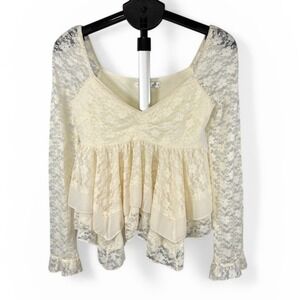 Altar'd State Ivory Floral Lace Peplum Top Long Sleeve Sweetheart LT24507-018 M